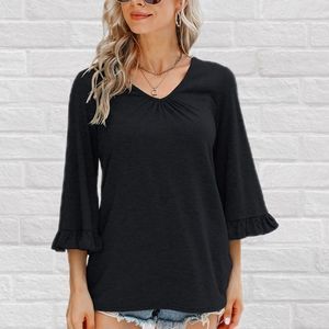 Shirred V-Neck Shirt Bell Sleeve Blouse Color Black Size XXL